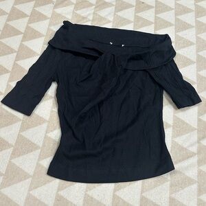 Tanya Taylor black ribbed short sleeve off the shoulder top